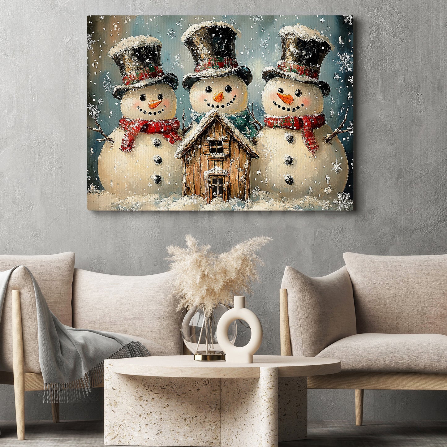 Interesting Christmas Snowman Canvas Painting, Frosty Trio Welcoming Christmas Wall Art Decor, Xmas Poster Gift For Snowman Lovers