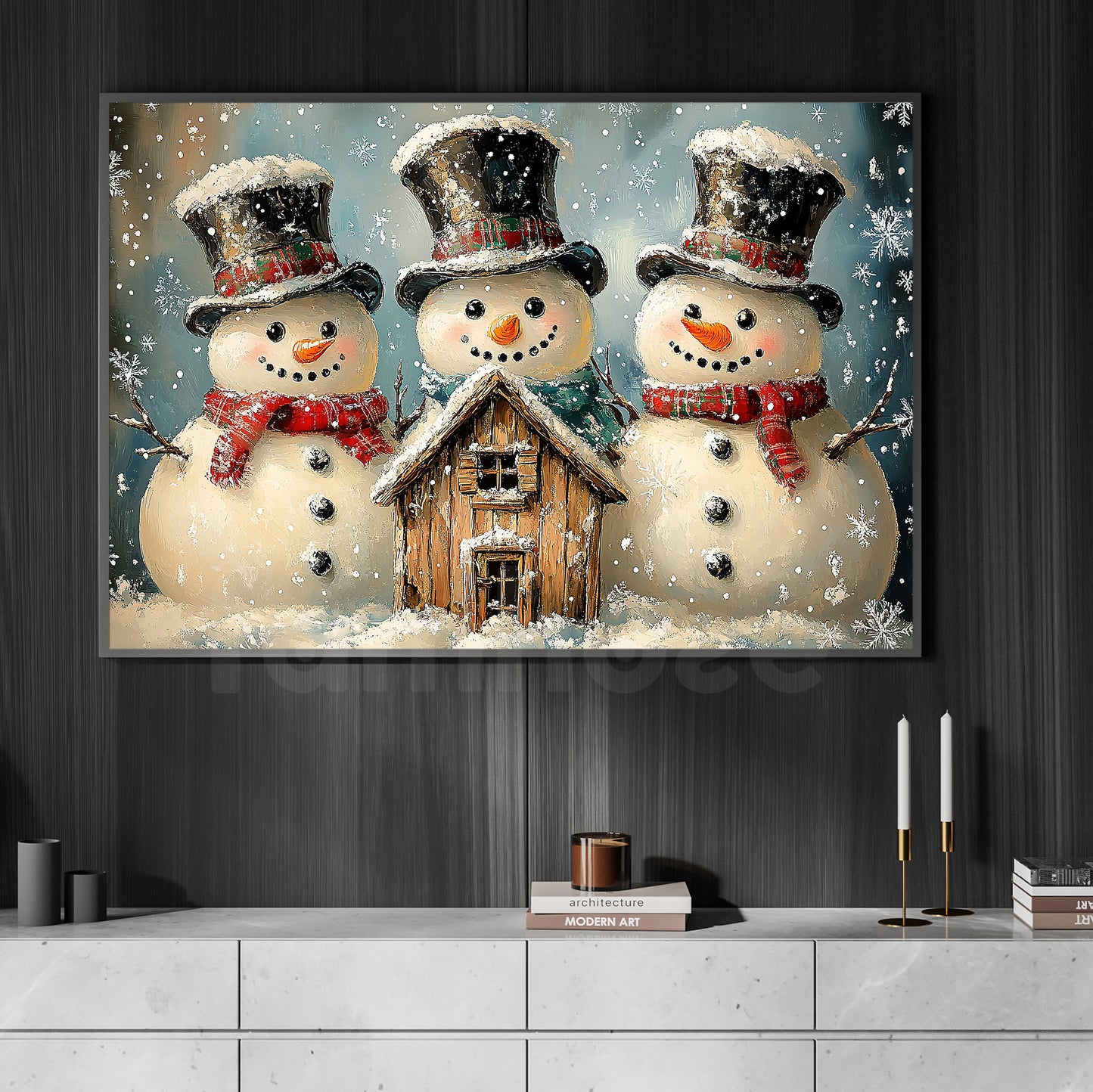 Interesting Christmas Snowman Canvas Painting, Frosty Trio Welcoming Christmas Wall Art Decor, Xmas Poster Gift For Snowman Lovers