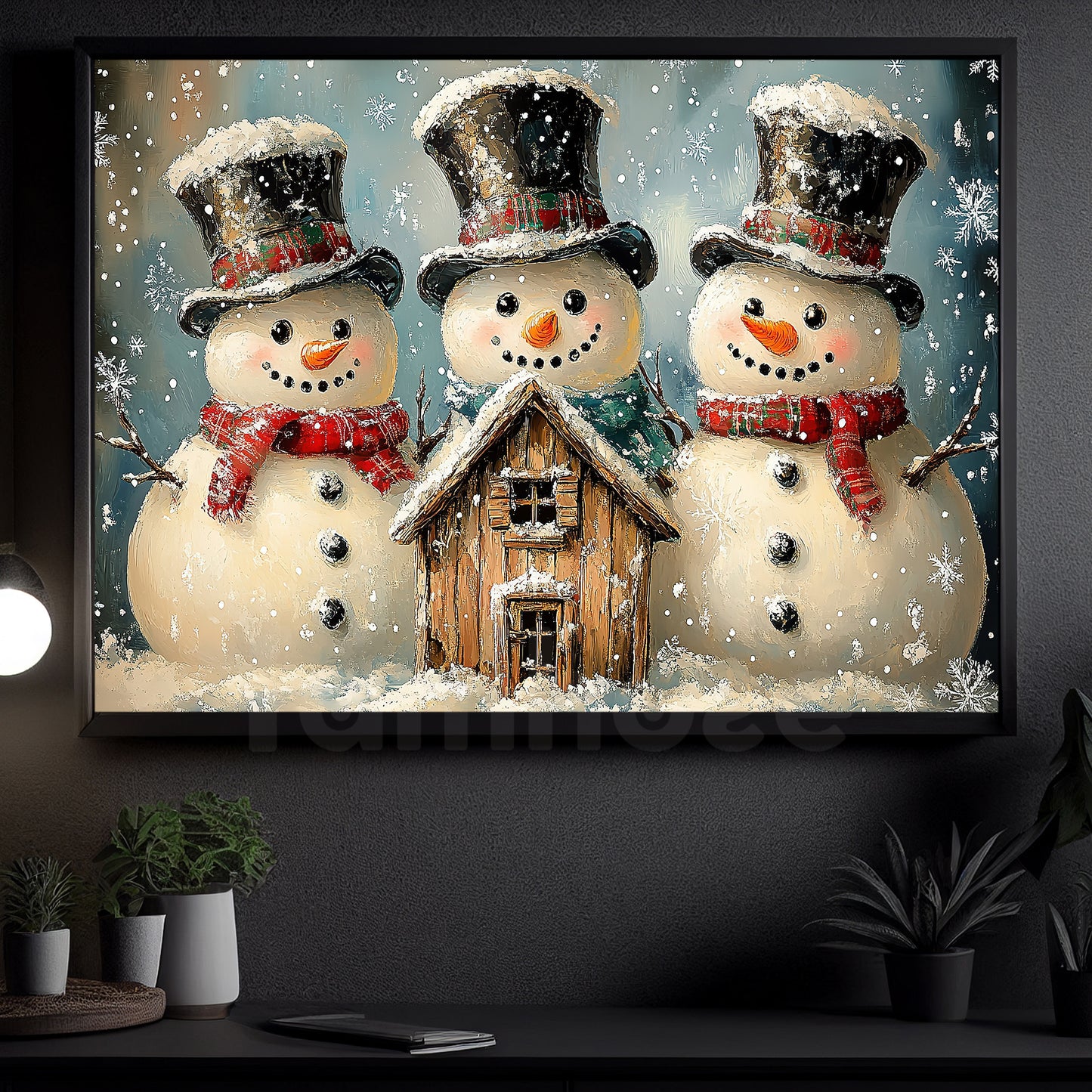 Interesting Christmas Snowman Canvas Painting, Frosty Trio Welcoming Christmas Wall Art Decor, Xmas Poster Gift For Snowman Lovers