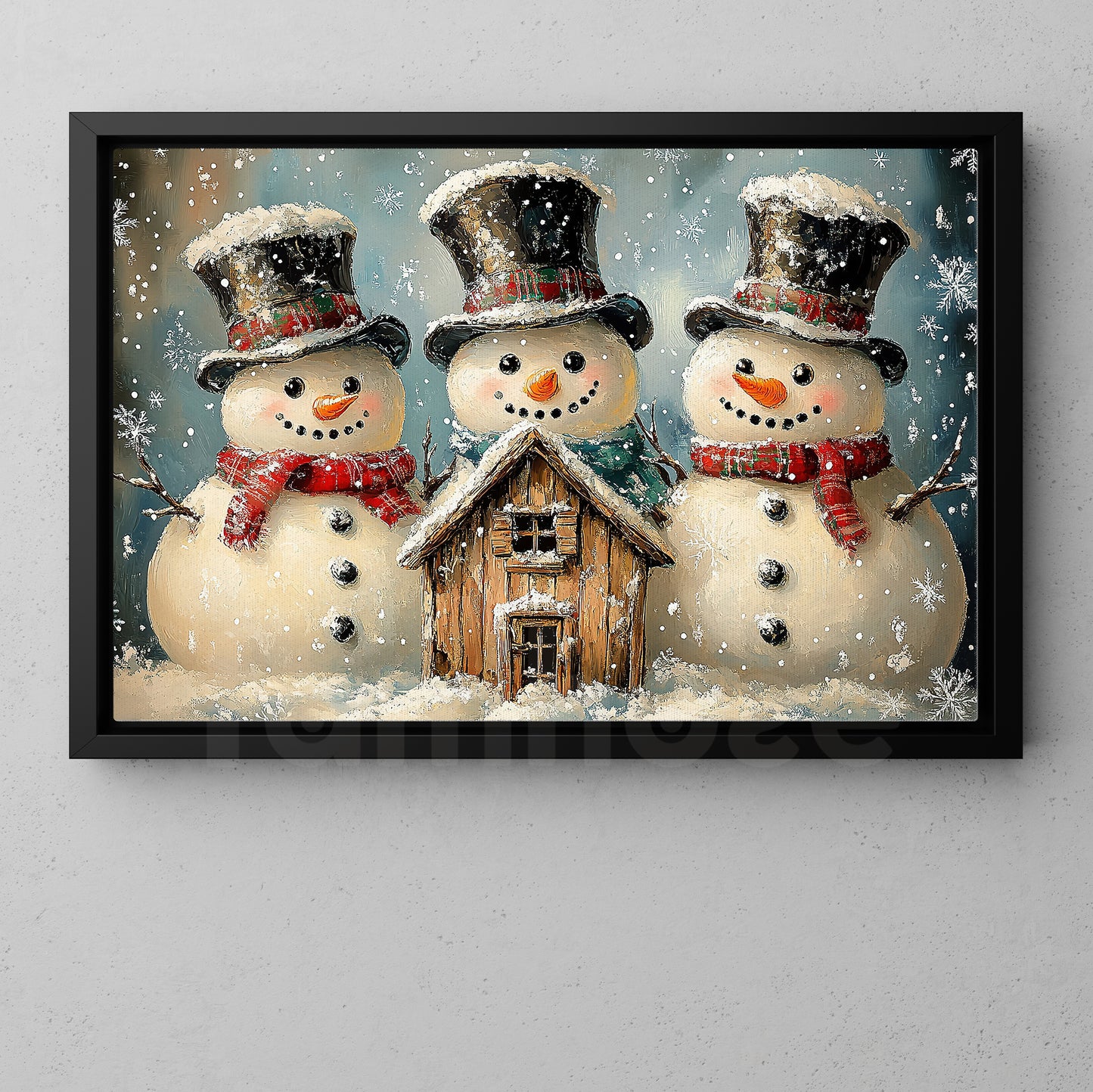 Interesting Christmas Snowman Canvas Painting, Frosty Trio Welcoming Christmas Wall Art Decor, Xmas Poster Gift For Snowman Lovers