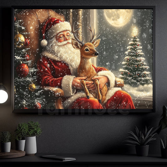 Interesting Christmas Santa Claus Canvas Painting, Santa Claus Relaxing With His Reindeer Wall Art Decor, Xmas Poster Gift For Reindeer Lovers