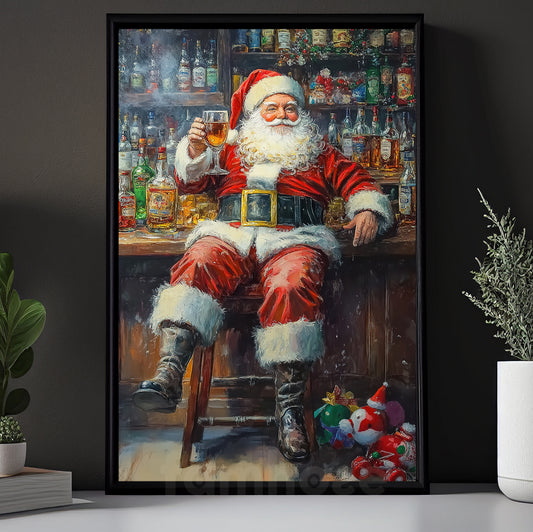 Interesting Christmas Canvas Painting, Santa Claus In The Bar Wall Art Decor, Xmas Poster Gift