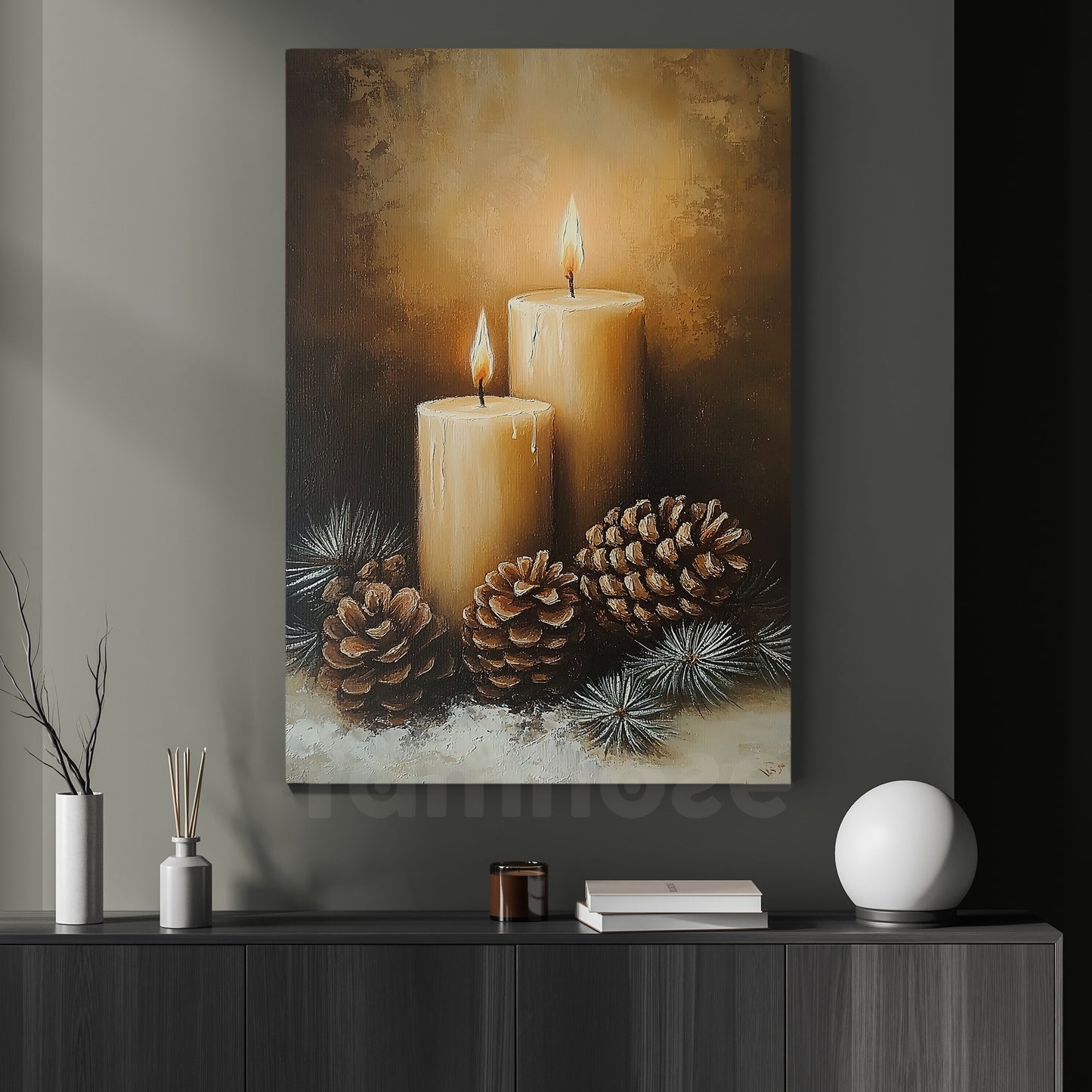 Interesting Christmas Canvas Painting, Candles and Pine Cones Wall Art Decor, Xmas Poster Gift