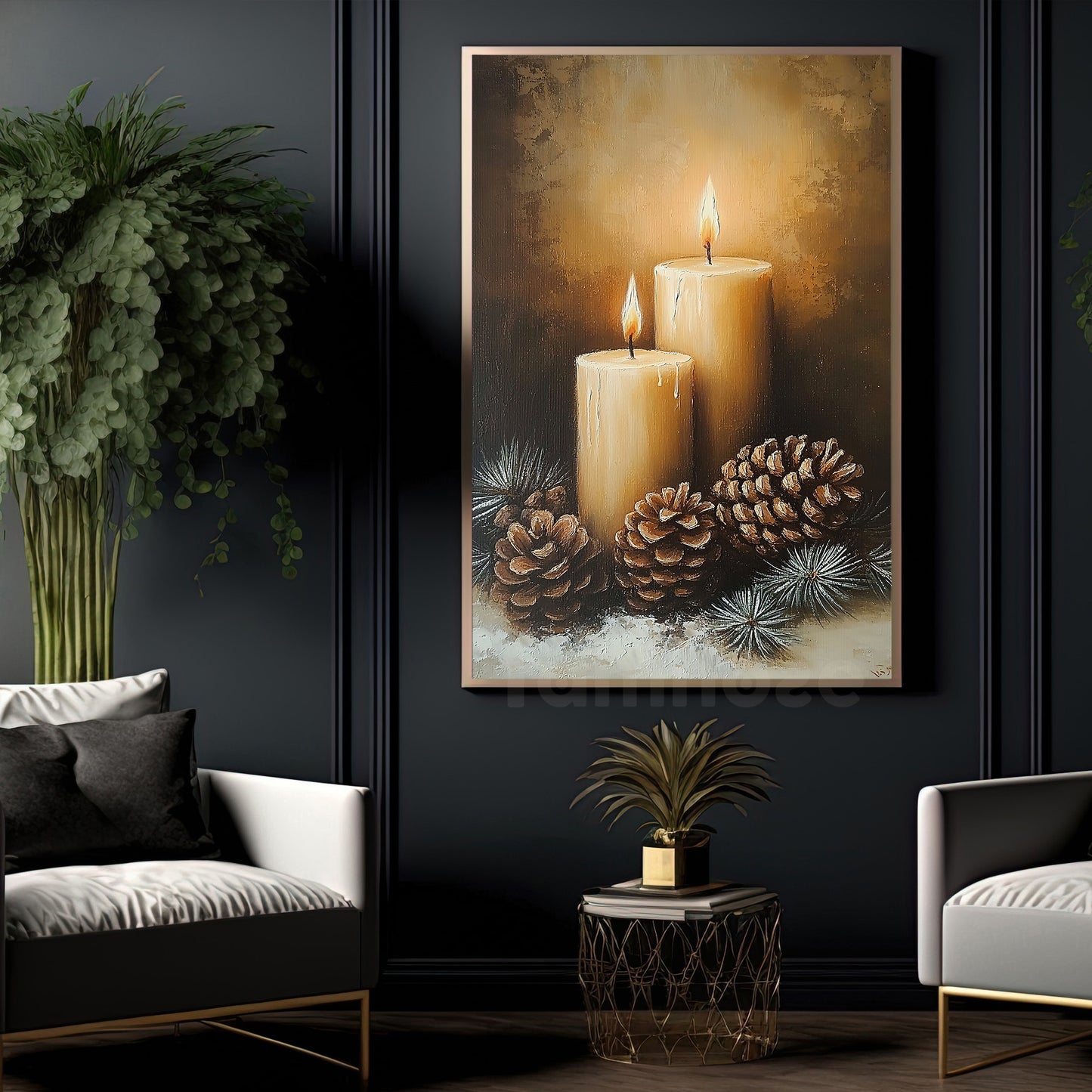 Interesting Christmas Canvas Painting, Candles and Pine Cones Wall Art Decor, Xmas Poster Gift