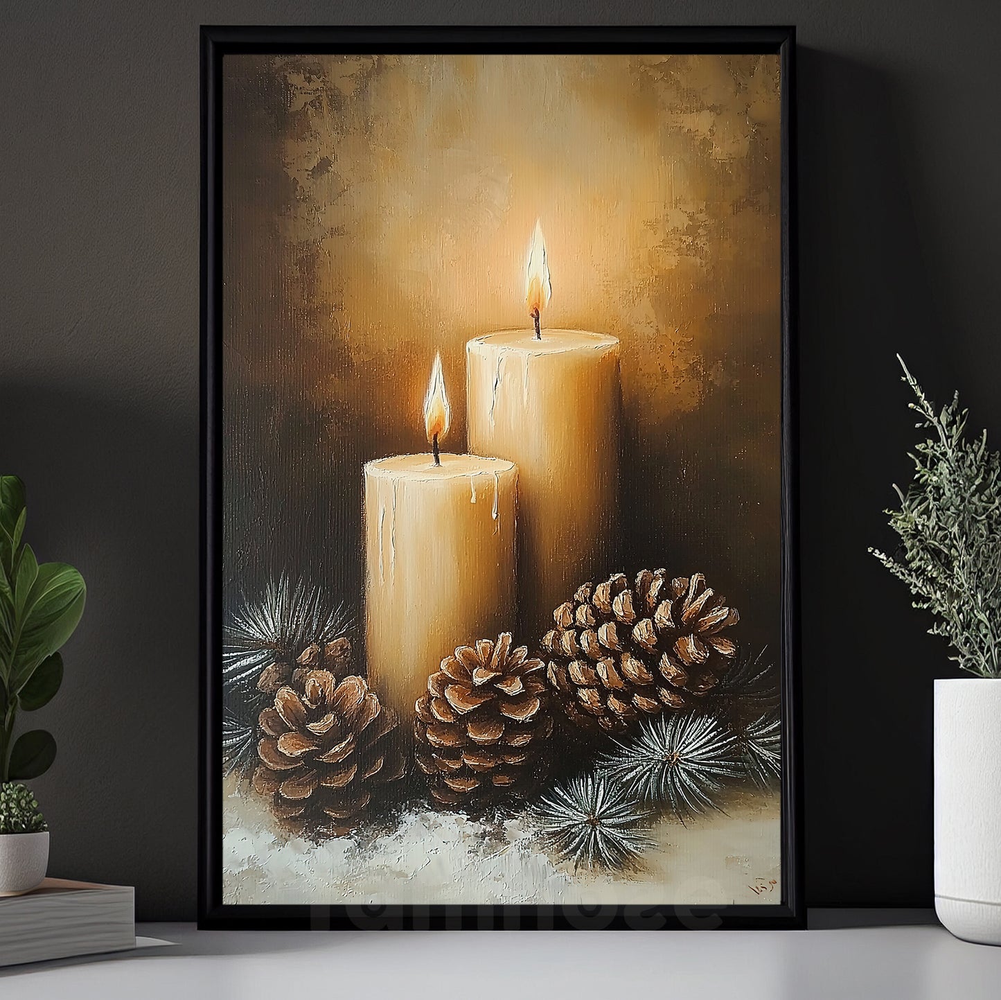 Interesting Christmas Canvas Painting, Candles and Pine Cones Wall Art Decor, Xmas Poster Gift