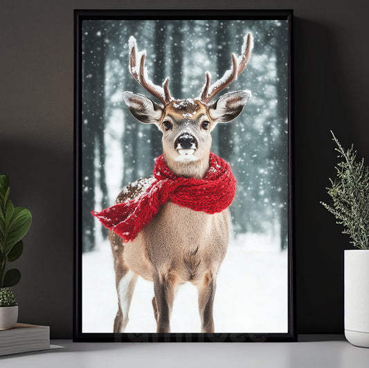 Interesting Christmas Reindeer Canvas Painting, Red Scarf Radiance Wall Art Decor, Xmas Poster Gift For Reindeer Lovers