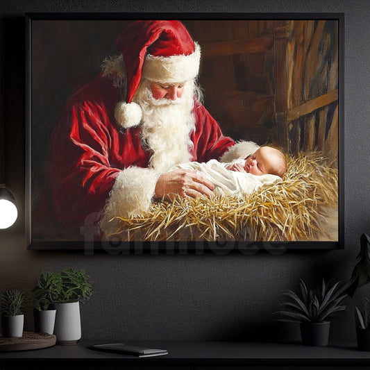 Christmas Canvas Painting, Santa and the Newborn Wall Art Decor, Xmas Poster Gift