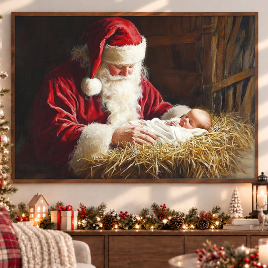 Christmas Canvas Painting, Santa and the Newborn Wall Art Decor, Xmas Poster Gift
