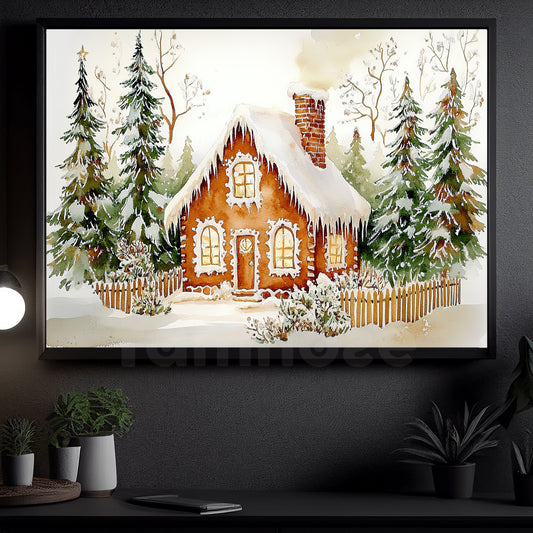 Interesting Christmas Canvas Painting, Warming House In Snow Wall Art Decor, Xmas Poster Gift