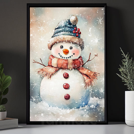 Christmas Canvas Painting, Smiles in the Snow Wall Art Decor, Xmas Poster Gift For Snowman Lovers