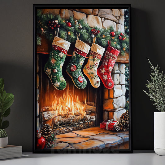 Christmas Canvas Painting, Stockings by the Fire Wall Art Decor, Xmas Poster Gift