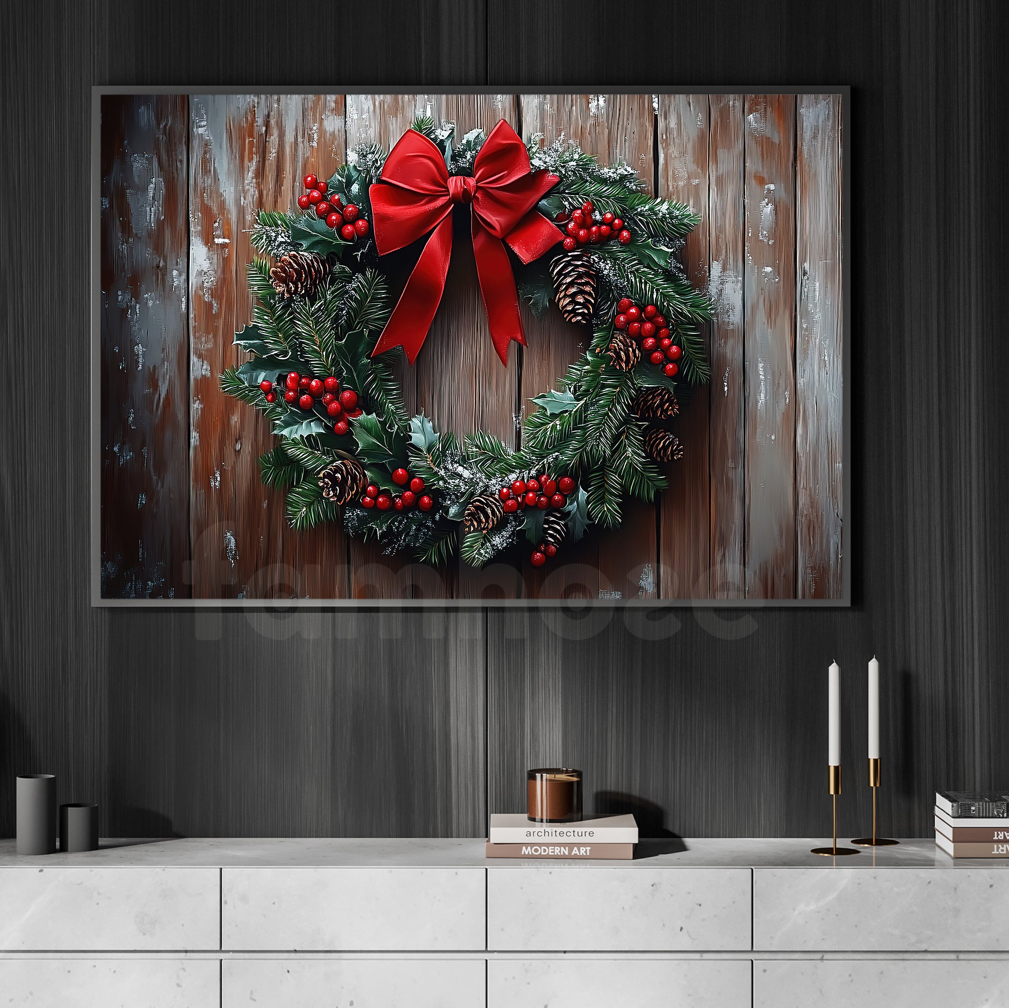 Christmas Pine Cones Canvas Painting, A Festive Wreath Winter Wall