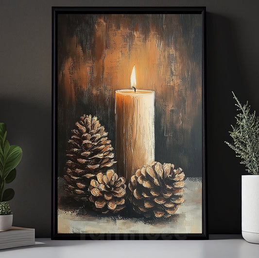 Vintage Christmas Canvas Painting, Pine Cones And Candle Wall Art Decor, Xmas Poster Gift