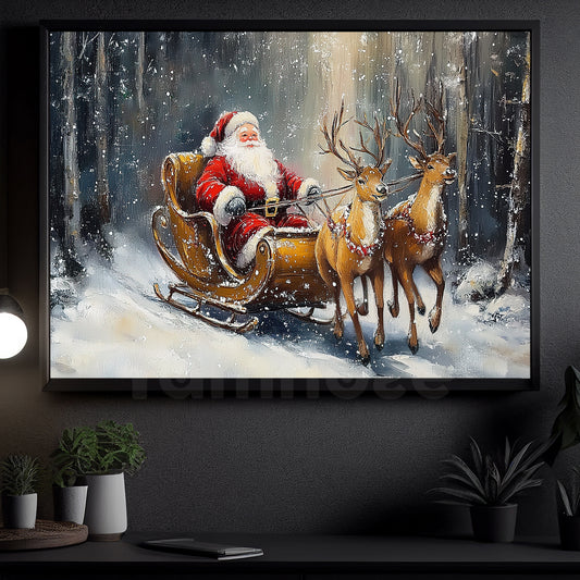 Vintage Christmas Canvas Painting, Santa Claus Rides Reindeer Sleigh Wall Art Decor, Xmas Poster Gift