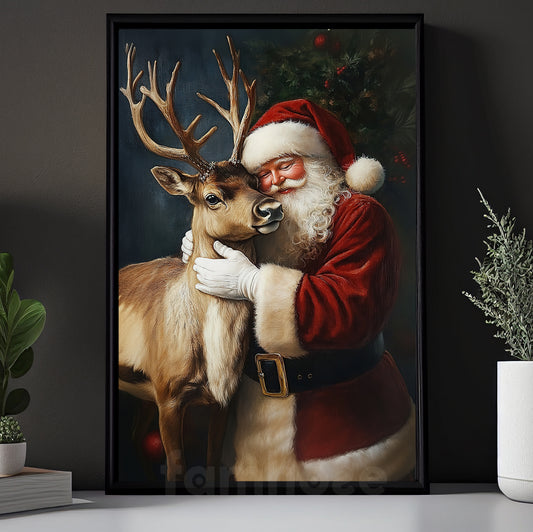 Funny Christmas Canvas Painting, Santa Claus Loves His Reindeer Wall Art Decor, Xmas Poster Gift For Reindeer Lovers