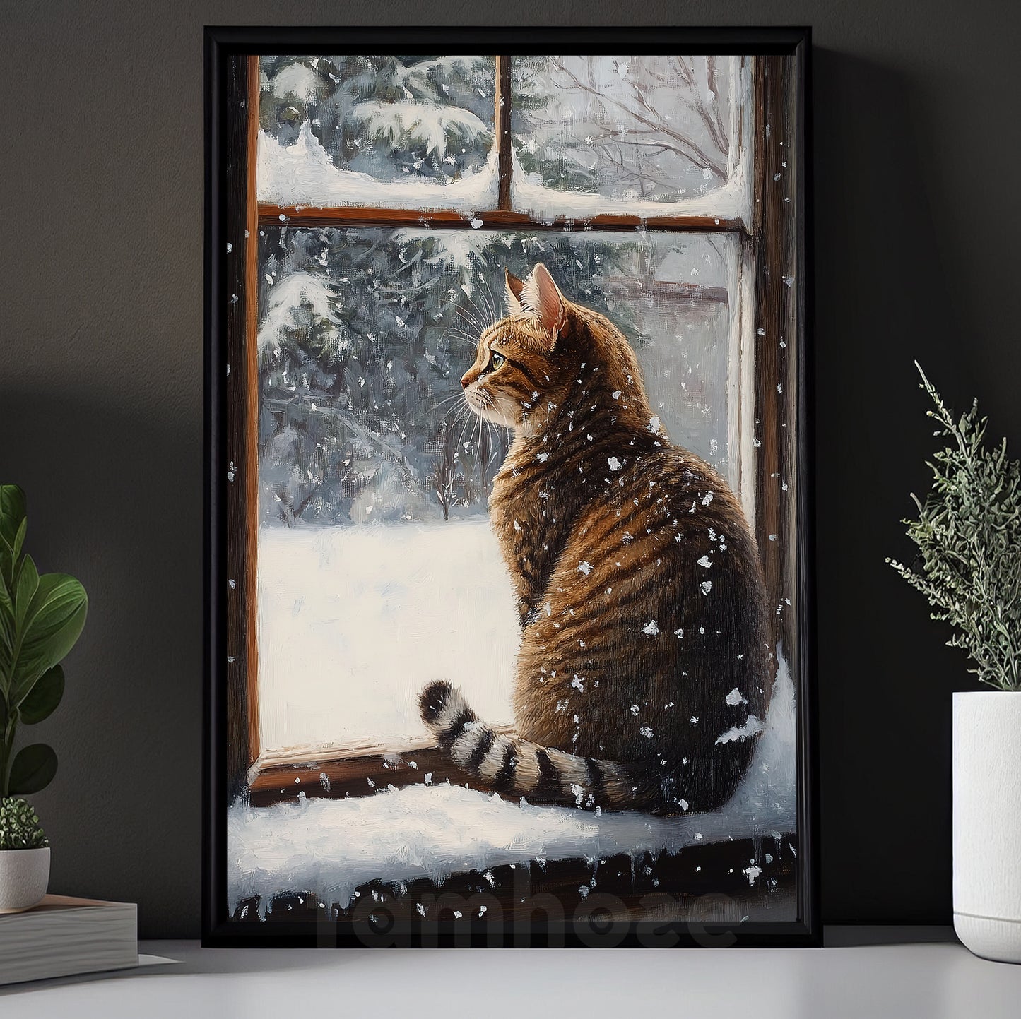 Christmas Cat Canvas Painting, Kitty Looking The Sky Wall Art Decor, Xmas Poster Gift For Cat Lovers