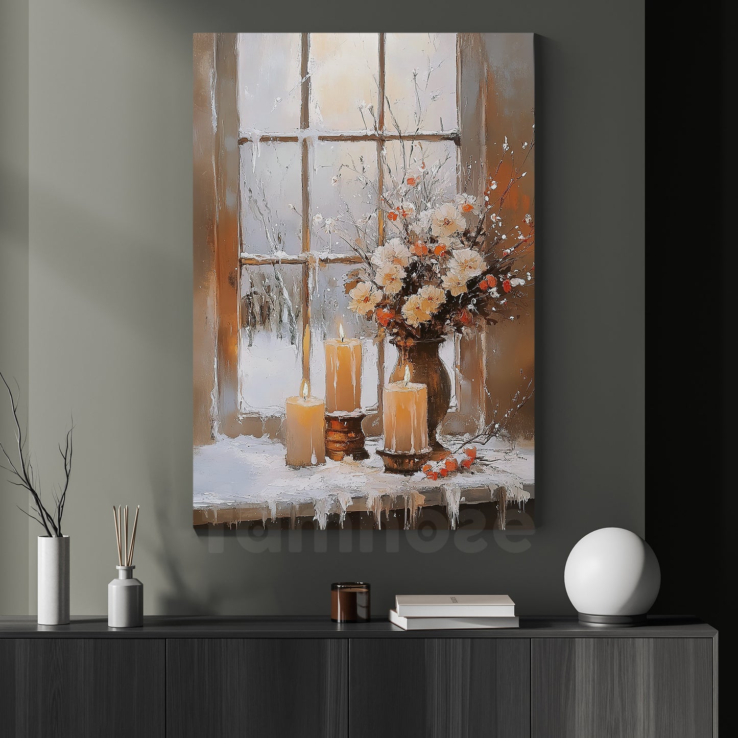 Cozy Christmas Candle Canvas Painting, A Cozy Winter Window Wall Art Decor, Xmas Poster Gift For Candle Lovers