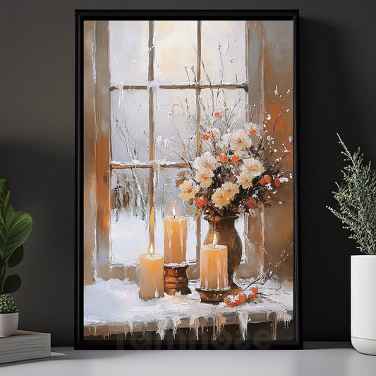 Cozy Christmas Candle Canvas Painting, A Cozy Winter Window Wall Art Decor, Xmas Poster Gift For Candle Lovers