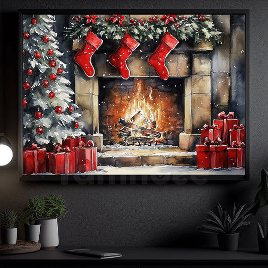 Cozy Christmas Canvas Painting, Holiday Hearth: Stockings and Cheer Wall Art Decor, Xmas Poster Gift