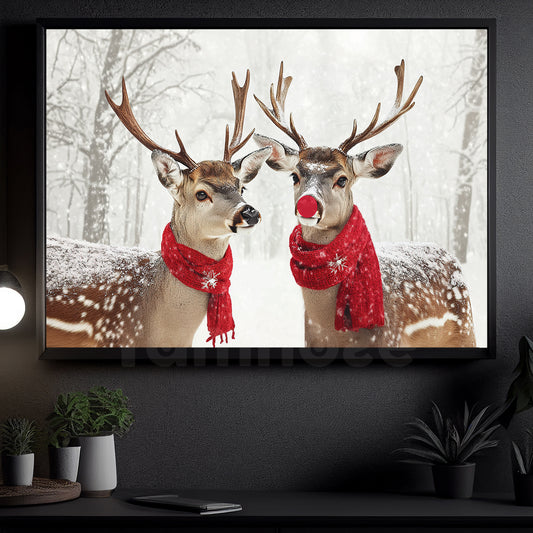 Christmas Reindeer Canvas Painting, A Couple Deer In Winter Wall Art Decor, Xmas Poster Gift For Reindeer Lovers