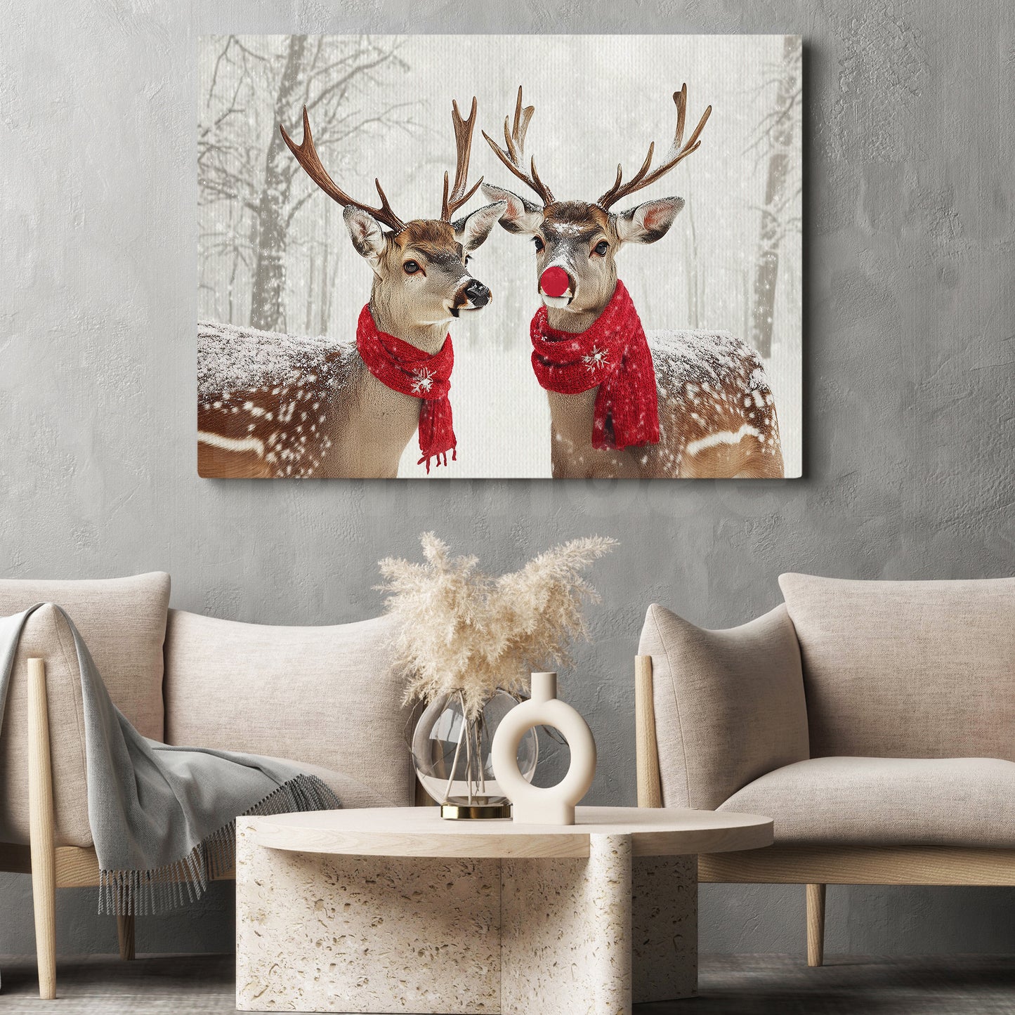 Christmas Reindeer Canvas Painting, A Couple Deer In Winter Wall Art Decor, Xmas Poster Gift For Reindeer Lovers