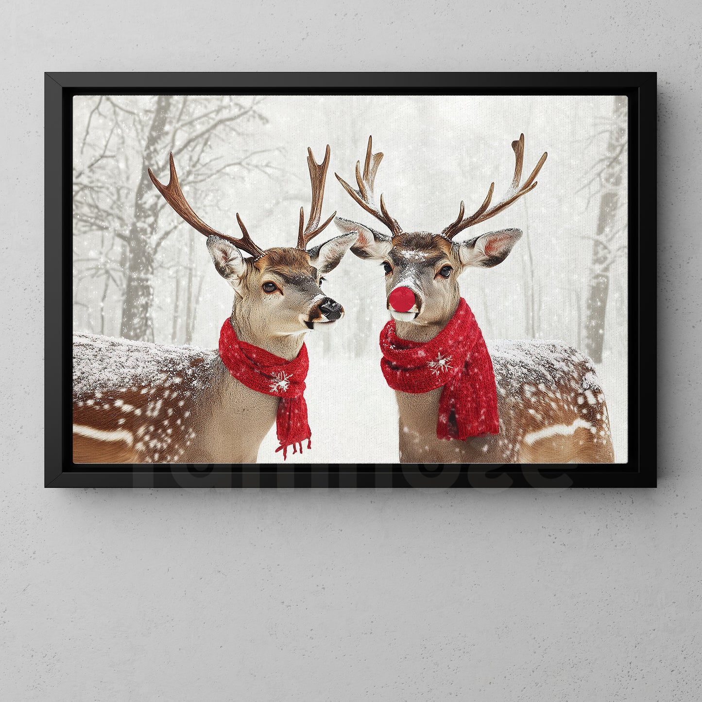 Christmas Reindeer Canvas Painting, A Couple Deer In Winter Wall Art Decor, Xmas Poster Gift For Reindeer Lovers