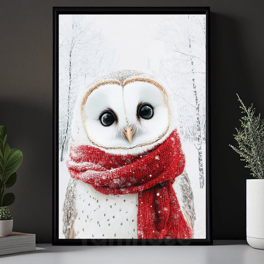 Vintage Christmas Owl Canvas Painting, Winter's Embrace Wall Art Decor, Xmas Poster Gift For Owl Lovers