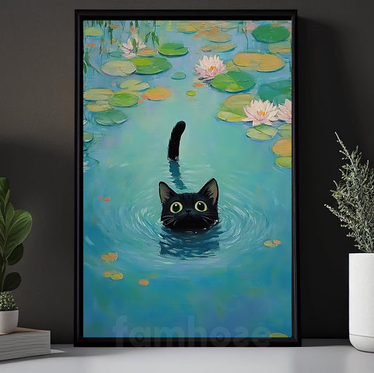 Cute Cat Canvas Painting, Kitty Try To Swim Wall Art Decor, Poster Gift For Cat Lovers