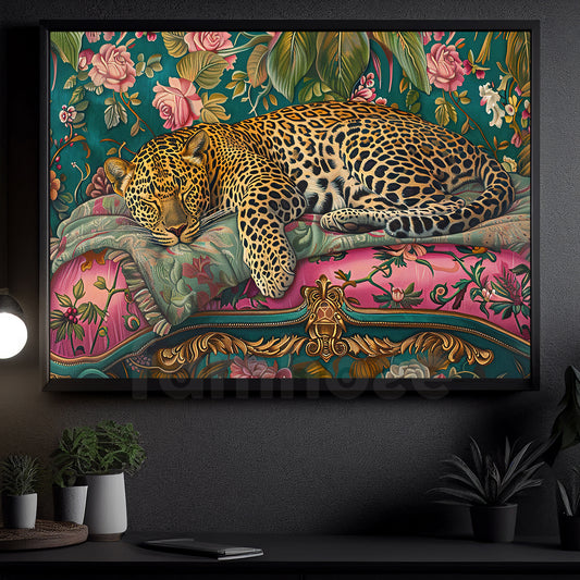 Vintage Leopard And Flowers Canvas Painting, A Leopard's Peaceful Retreat Wall Art Decor, Poster Gift For Leopard Lovers