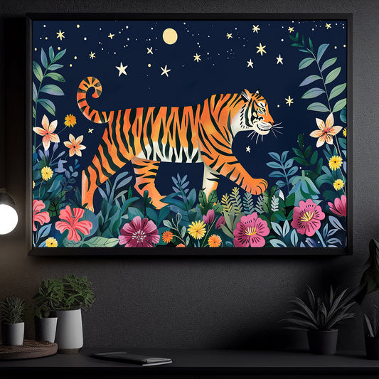 The Tiger Starry Vigil, Moonlit Canvas Painting, Mystical Wall Art Decor, Poster Gift For Tiger Lovers