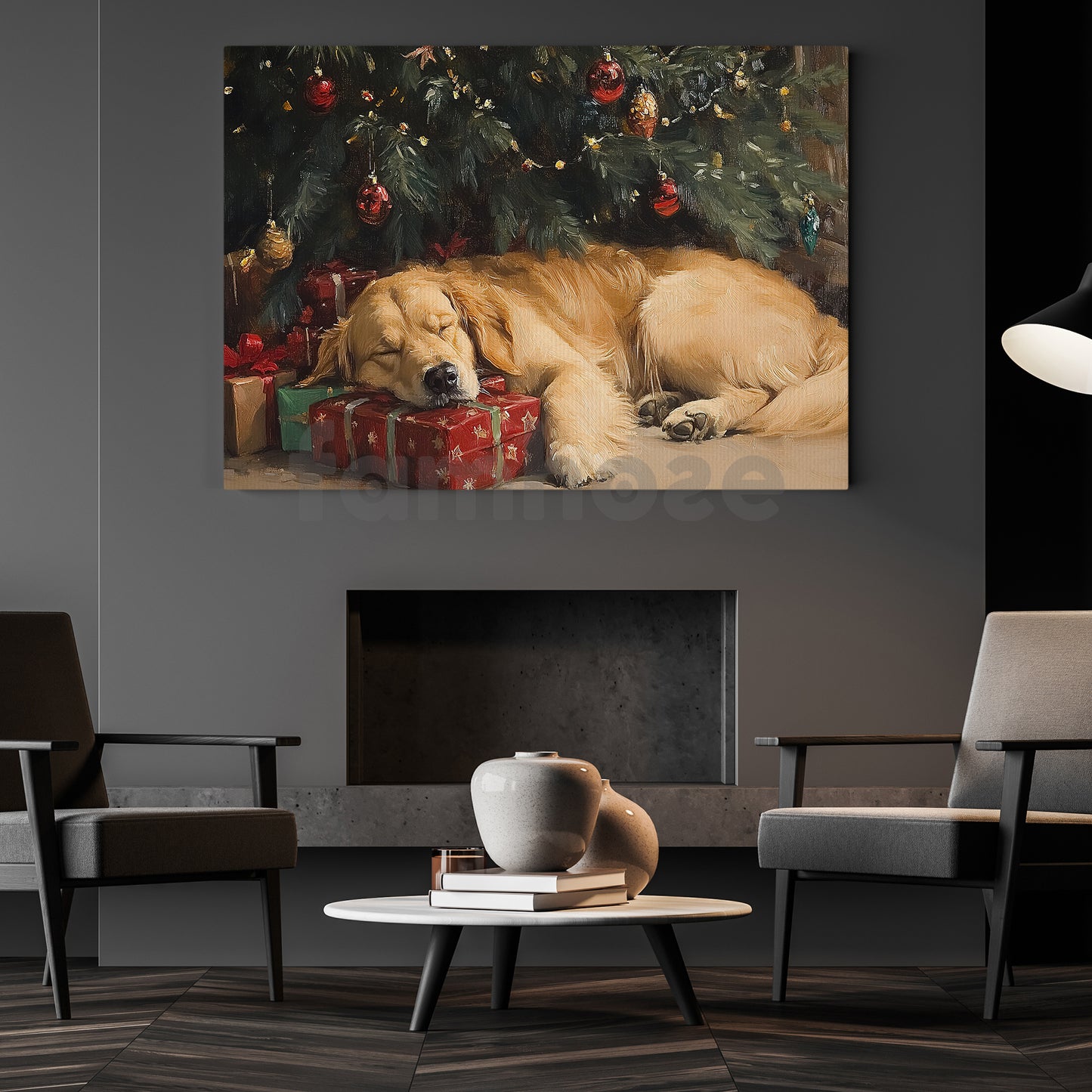 Christmas Golden Retriever Canvas Painting, Puppy Dreaming Under Tree Wall Art Decor, Xmas Poster Gift For Golden Retriever Lovers