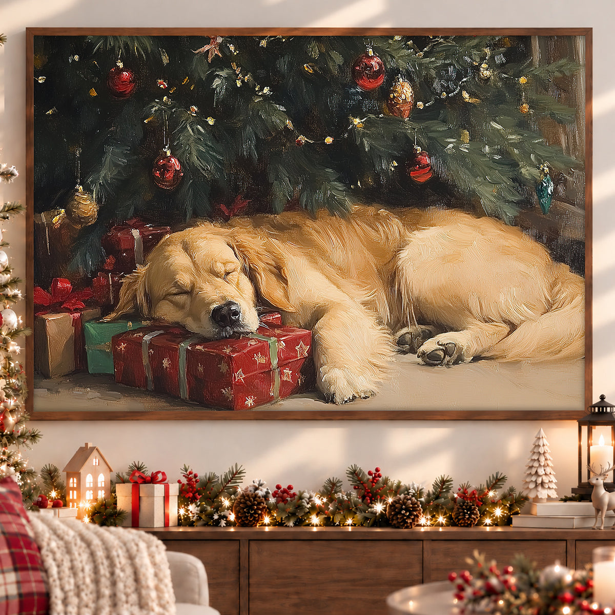 Christmas Golden Retriever Dog Canvas Painting, Sleeping Dog Under Christmas Tree With Presents Wall Art Decor, Xmas Poster Gift For Dog Lover