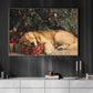Christmas Golden Retriever Canvas Painting, Puppy Dreaming Under Tree Wall Art Decor, Xmas Poster Gift For Golden Retriever Lovers