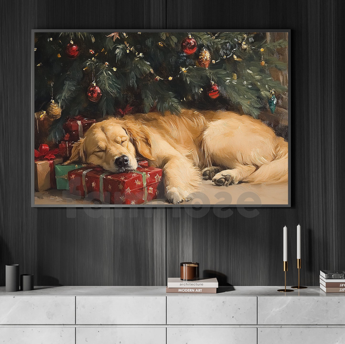Christmas Golden Retriever Canvas Painting, Puppy Dreaming Under Tree Wall Art Decor, Xmas Poster Gift For Golden Retriever Lovers