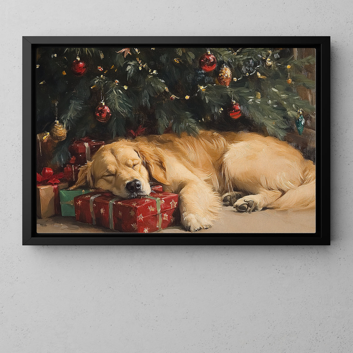 Christmas Golden Retriever Dog Canvas Painting, Sleeping Dog Under Christmas Tree With Presents Wall Art Decor, Xmas Poster Gift For Dog Lover