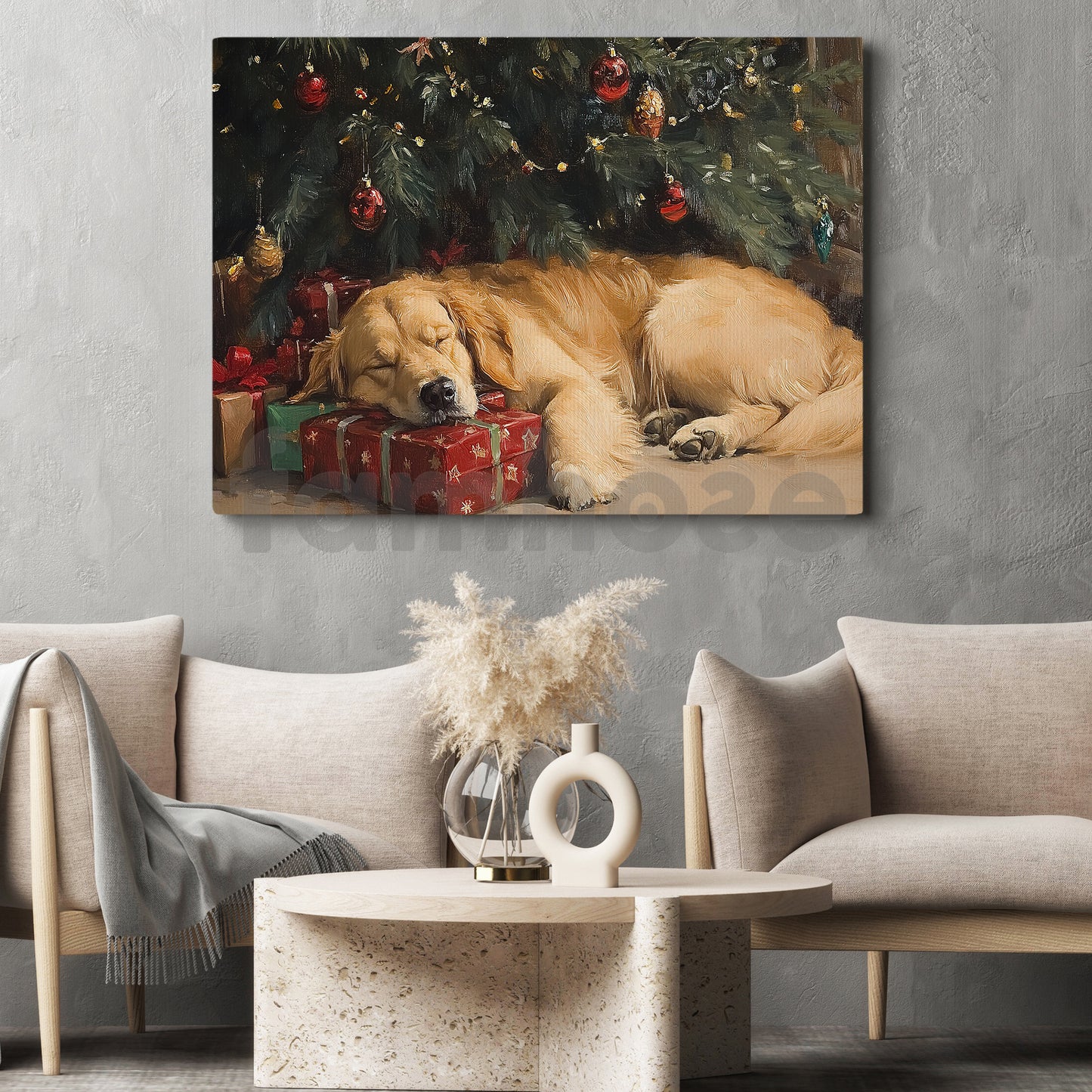 Christmas Golden Retriever Canvas Painting, Puppy Dreaming Under Tree Wall Art Decor, Xmas Poster Gift For Golden Retriever Lovers