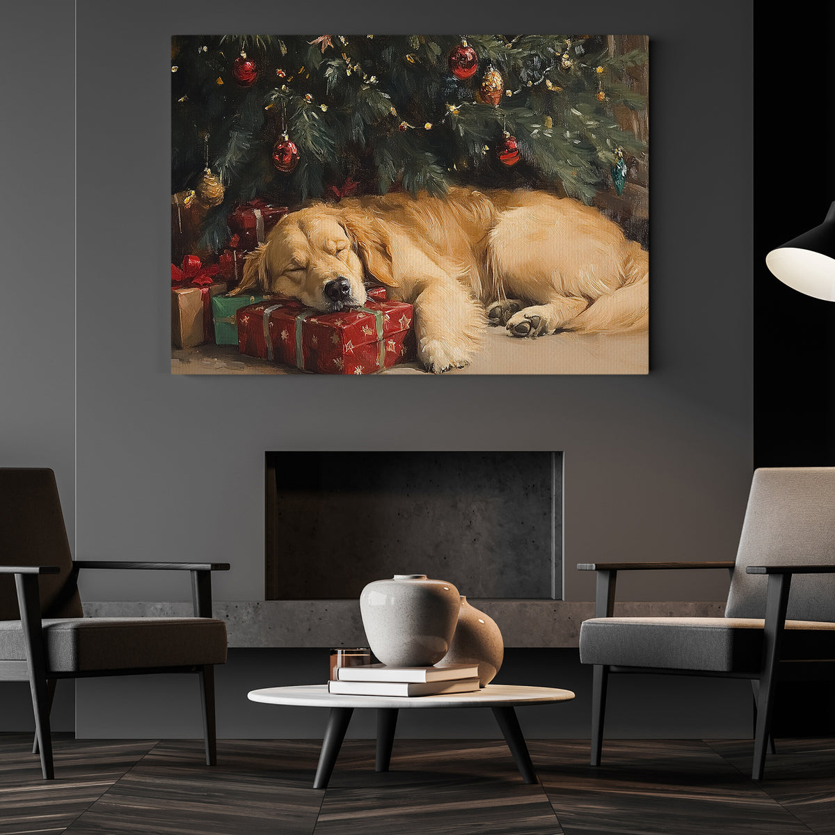 Christmas Golden Retriever Dog Canvas Painting, Sleeping Dog Under Christmas Tree With Presents Wall Art Decor, Xmas Poster Gift For Dog Lover
