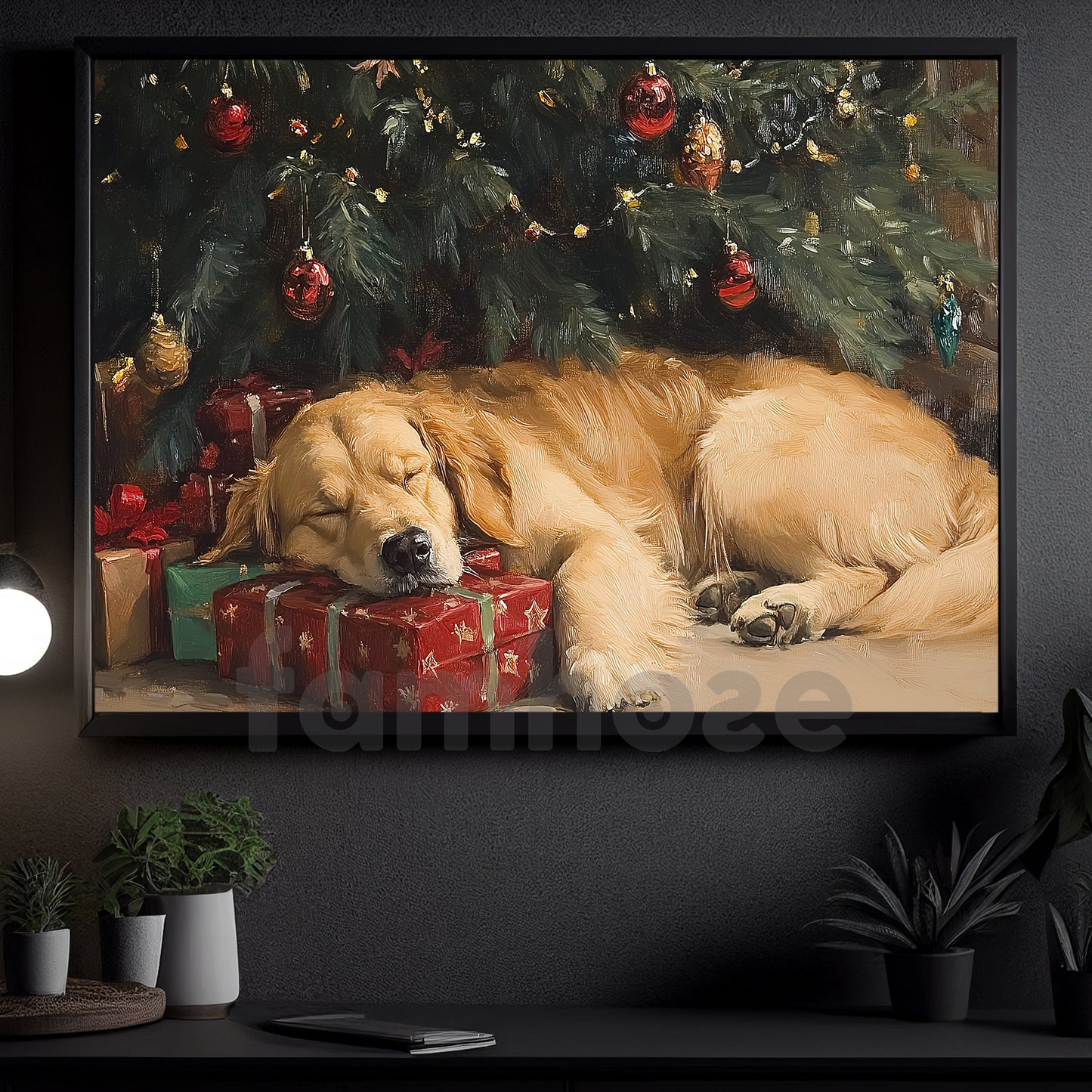 Christmas Golden Retriever Canvas Painting, Puppy Dreaming Under Tree Wall Art Decor, Xmas Poster Gift For Golden Retriever Lovers
