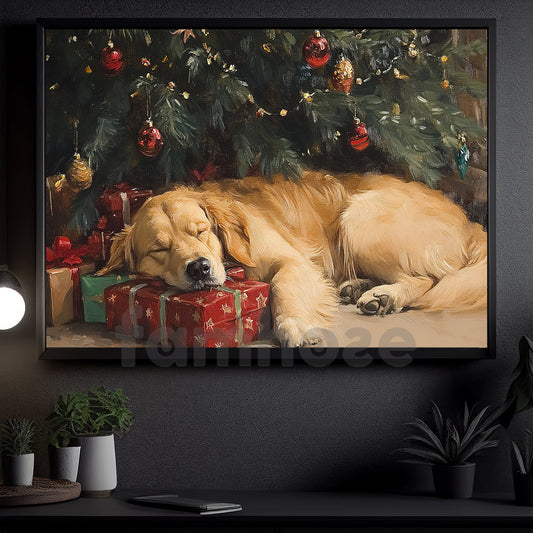 Christmas Golden Retriever Canvas Painting, Puppy Dreaming Under Tree Wall Art Decor, Xmas Poster Gift For Golden Retriever Lovers