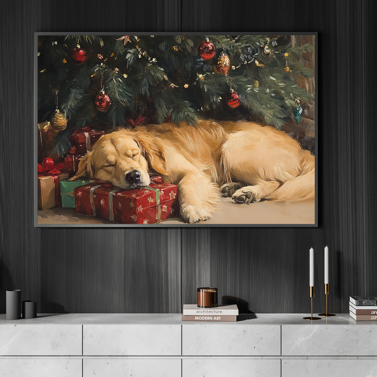 Christmas Golden Retriever Dog Canvas Painting, Sleeping Dog Under Christmas Tree With Presents Wall Art Decor, Xmas Poster Gift For Dog Lover