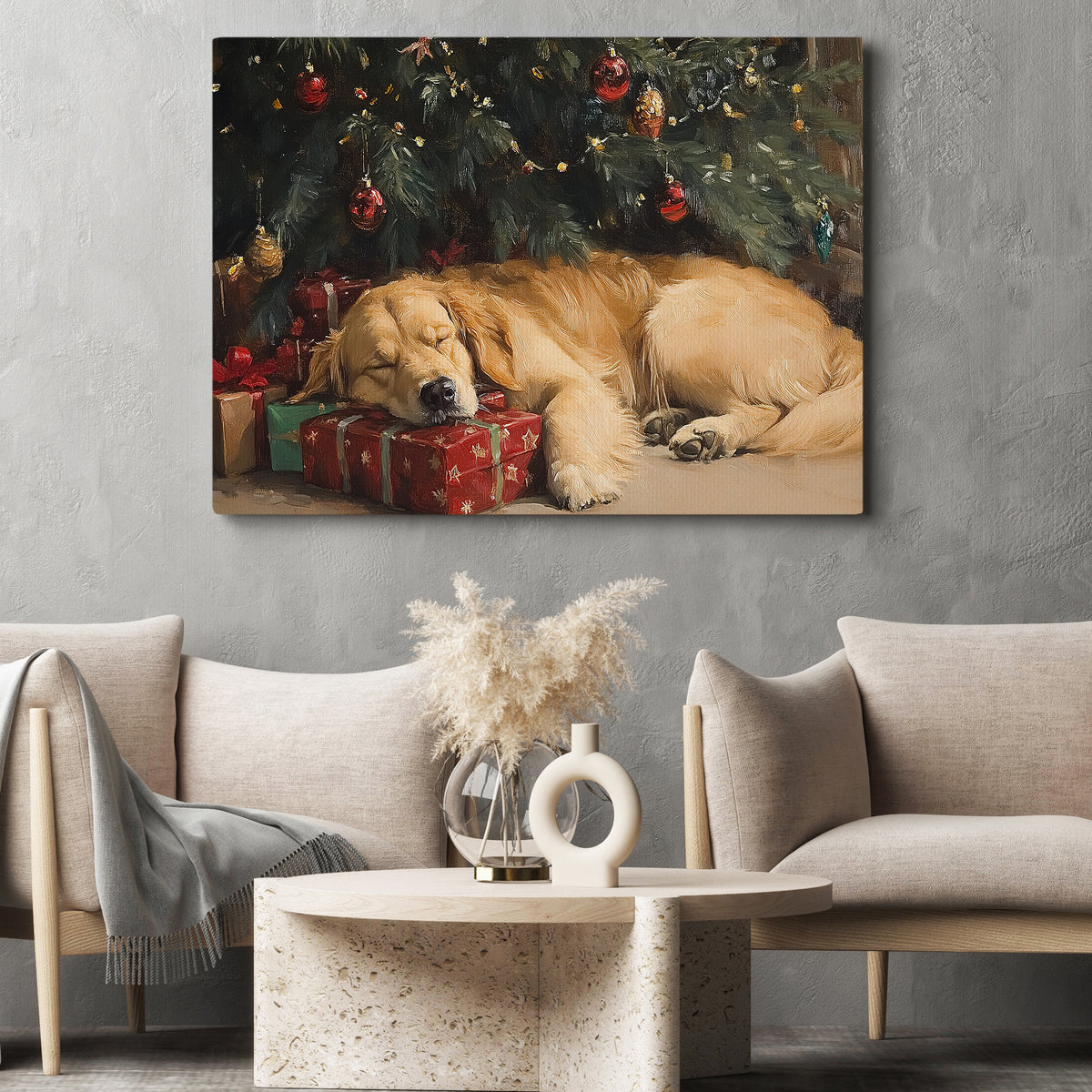 Christmas Golden Retriever Dog Canvas Painting, Sleeping Dog Under Christmas Tree With Presents Wall Art Decor, Xmas Poster Gift For Dog Lover