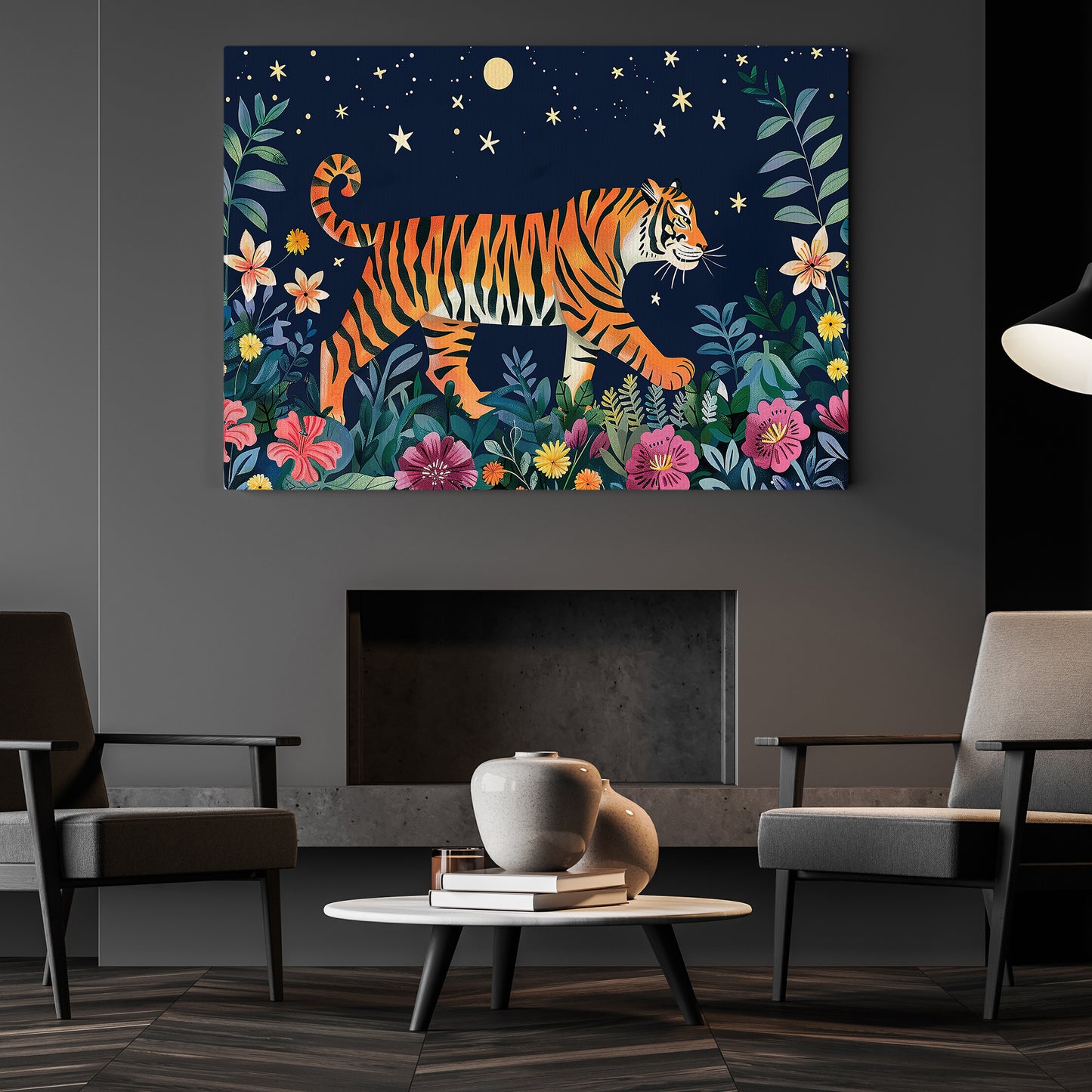 The Tiger Starry Vigil, Moonlit Canvas Painting, Mystical Wall Art Decor, Poster Gift For Tiger Lovers