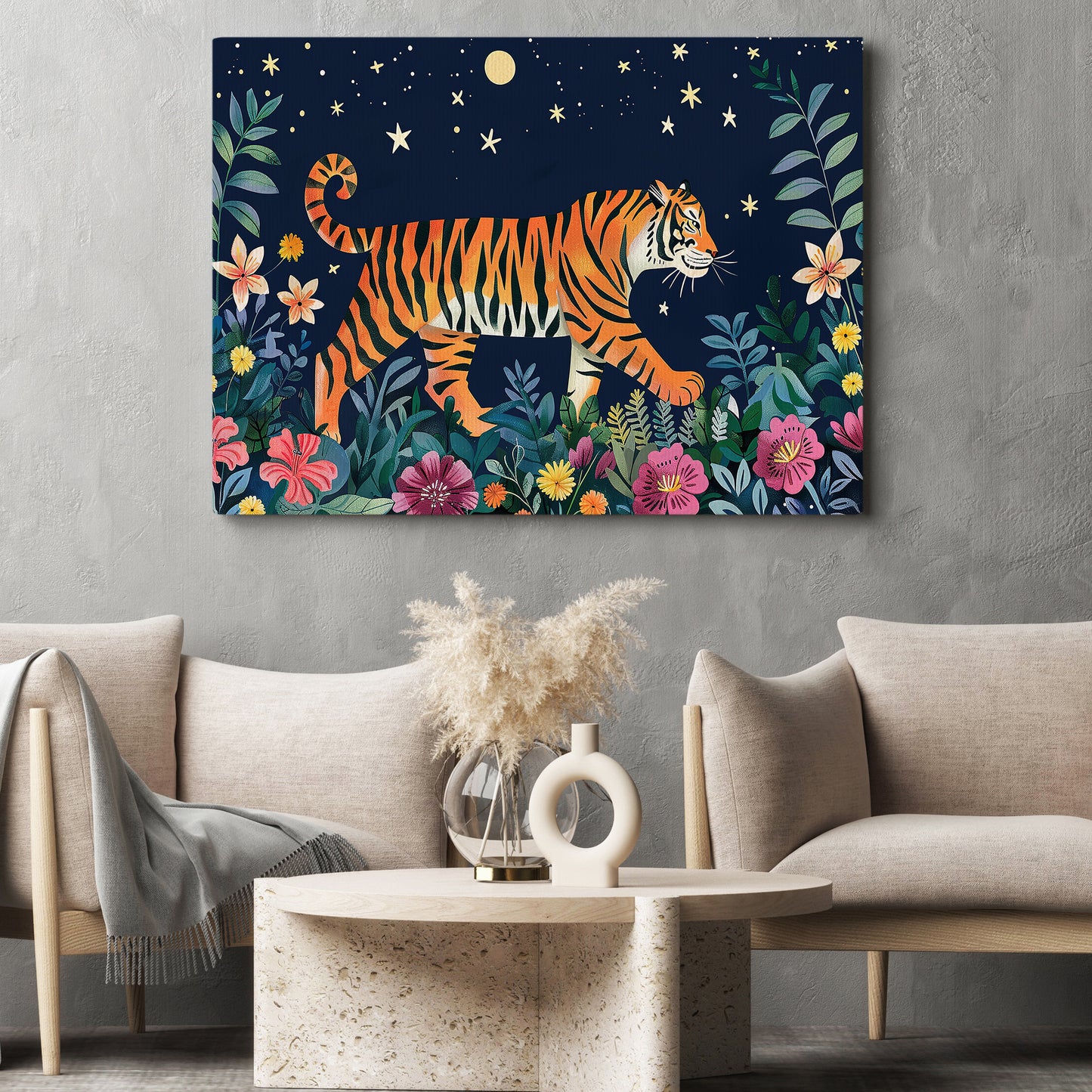 The Tiger Starry Vigil, Moonlit Canvas Painting, Mystical Wall Art Decor, Poster Gift For Tiger Lovers