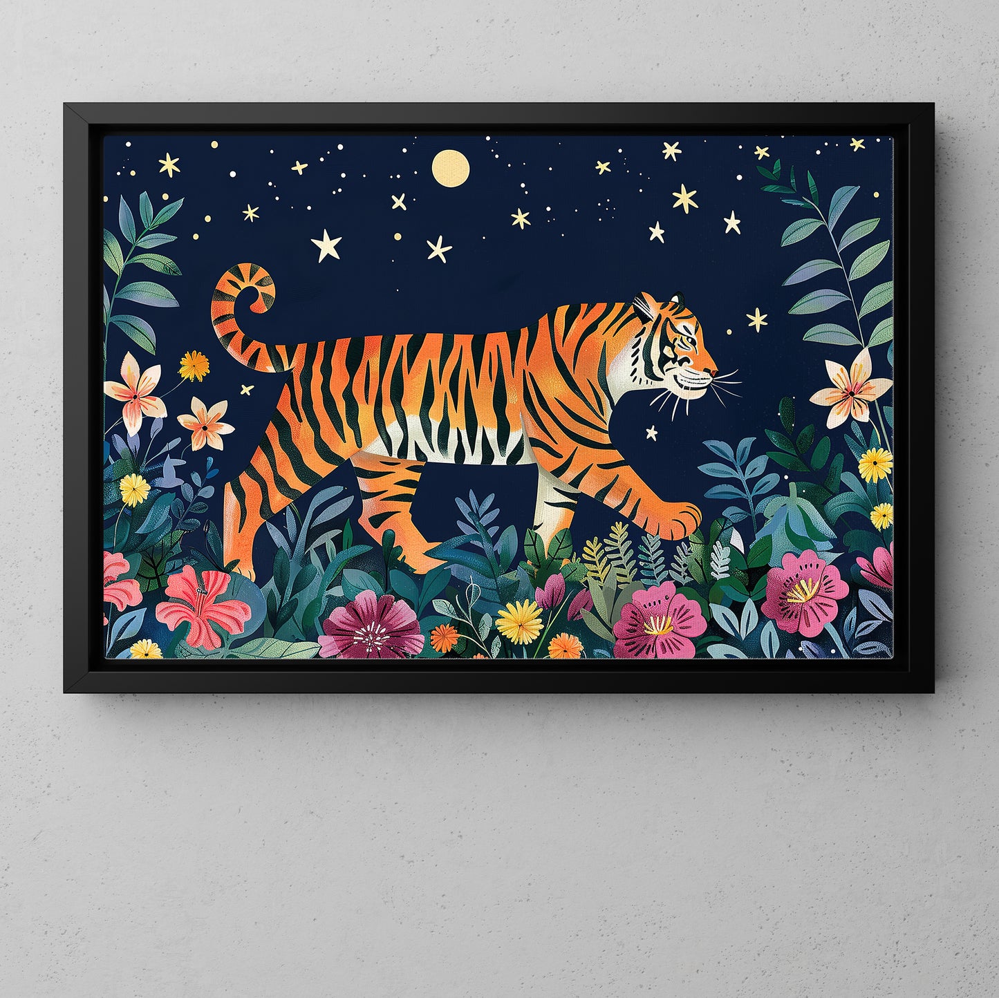 The Tiger Starry Vigil, Moonlit Canvas Painting, Mystical Wall Art Decor, Poster Gift For Tiger Lovers