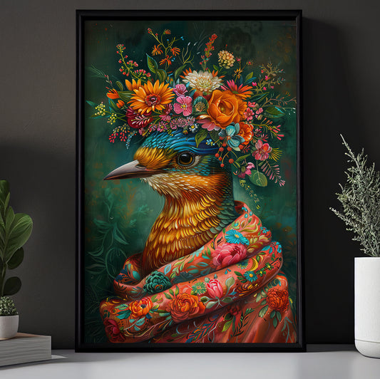 A Vivid Bird Portrait, Floral Victorian Bird Canvas Painting, Victorian Animal Wall Art Decor, Poster Gift For Bird Lovers