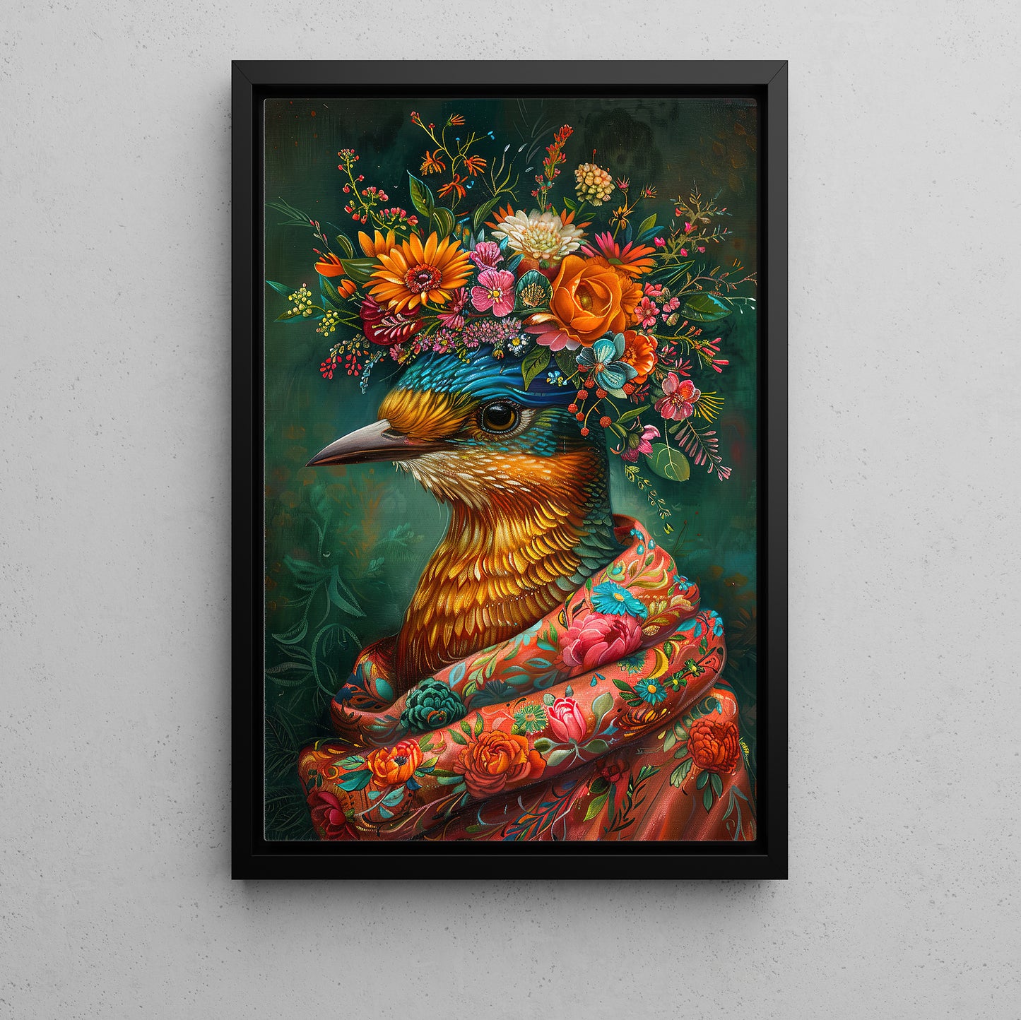 A Vivid Bird Portrait, Floral Victorian Bird Canvas Painting, Victorian Animal Wall Art Decor, Poster Gift For Bird Lovers