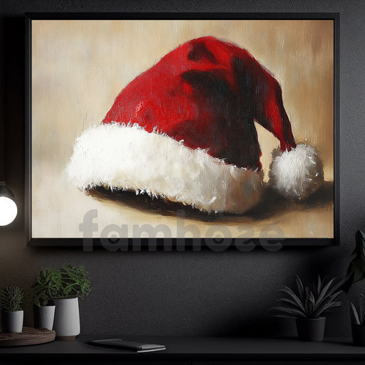Vintage Christmas Canvas Painting, Santa Hat Wall Art Decor, Xmas Poster Gift