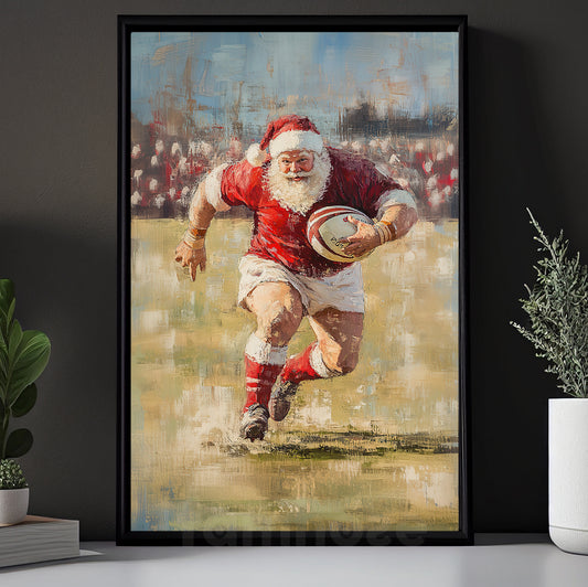 Vintage Christmas Rugby Canvas Painting, Rugby Santa Sports Wall Art Decor, Xmas Poster Gift For Rugby Lovers