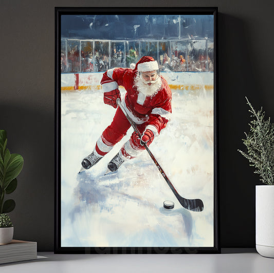 Vintage Christmas Hockey Canvas Painting, Santa Claus Plays Hockey Sports Wall Art Decor, Xmas Poster Gift For Hockey Lovers