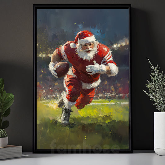 Vintage Christmas Football Canvas Painting, Santa Claus Plays Football Sports Wall Art Decor, Xmas Poster Gift For Football Lovers